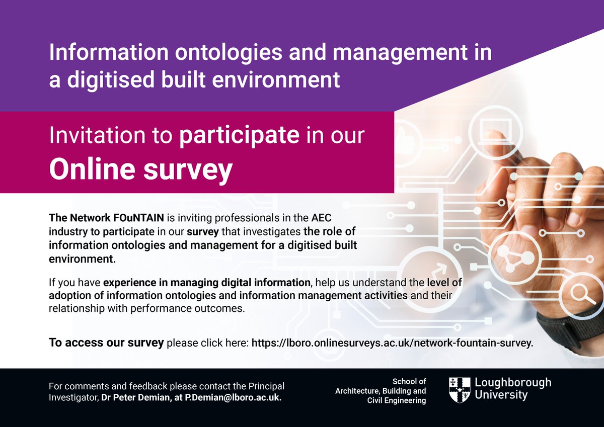 Network FOuNTAIN @DBB_NetworkFountain invites  professionals who manage digital information to help us understand the level of adoption of information ontologies and information management activities. To access the survey please click here lboro.onlinesurveys.ac.uk/network-founta…