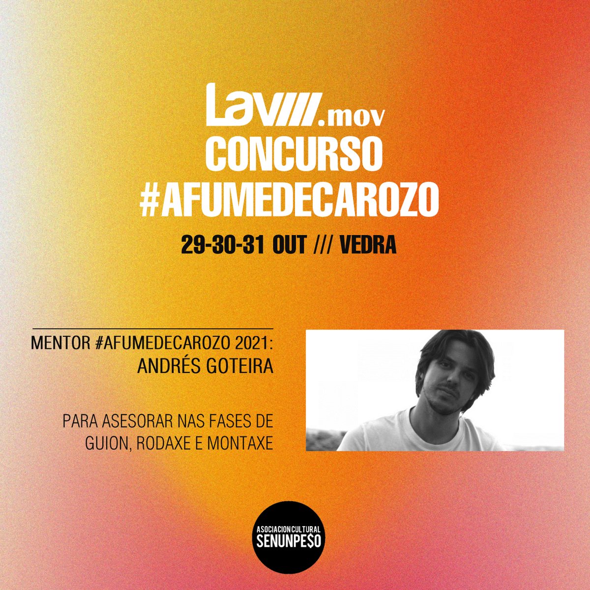 Senunpeso_AC's tweet photo. 🤜⚡🤛
MENTORIZACIÓN #AFumeDeCarozo2021
O concurso conta cun mentor que estará dispoñible para os equipos participantes como apoio para orientar e resolver dúbidas.

👤 Nesta edición o mentor será @AndresGoteira, director, guionista, montador e cofundador de @gaitafilmes https://t.co/jUPghbuKME