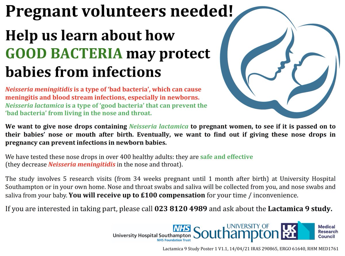 Pregnant research volunteers needed! Nose drops containing good bacteria may protect babies from infections. 5 visits (at home or hospital) to collect nose/throat/saliva swabs. £100 compensation. 02381204989 uhs.recruitmentCRF@nhs.net (University of Southampton).