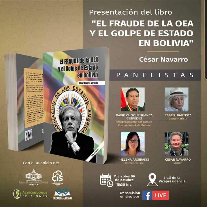 elymoraleslapaz's tweet photo. #CesarNavarro nos presenta su libro "El fraude de la OEA y el golpe de Estado en Bolivia"
Miércoles 6 de octubre, a hrs 18:30
Imperdible
#VamosASalirAdelante https://t.co/1DqHxtCO7e