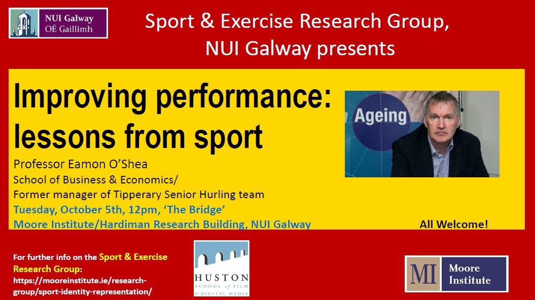 Join us tomorrow (Tues. Oct. 5, 12pm, 'The Bridge', HRB, NUIG) for our next Sport & Exercise Research Group seminar when Prof. Eamon O'Shea (NUIG & former Tipperary inter-county hurling manager) will discuss 'Improving Performance: Lessons from Sport'. #sports #GAA #performance