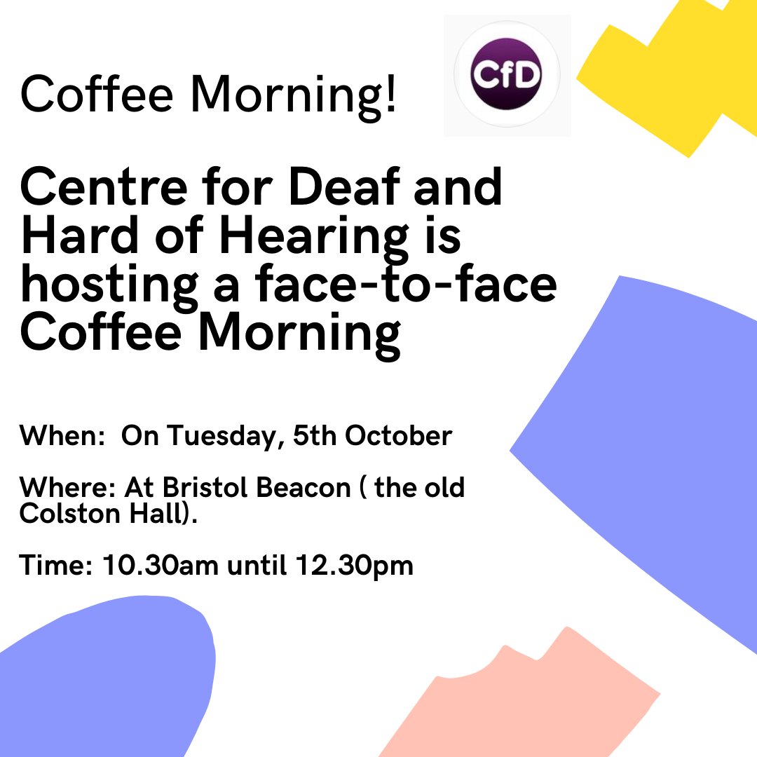 #Coffeemorning☕
CfD is hosting a face-to-face Coffee Morning
WHEN: on Tuesday, October 5th!
WHERE: Coffee Morning will be held on Tuesday at Bristol Beacon (the old Colston Hall) from 10.30am until 12.30pm.
The zoom Coffee Morning will be back next week: October 12th.