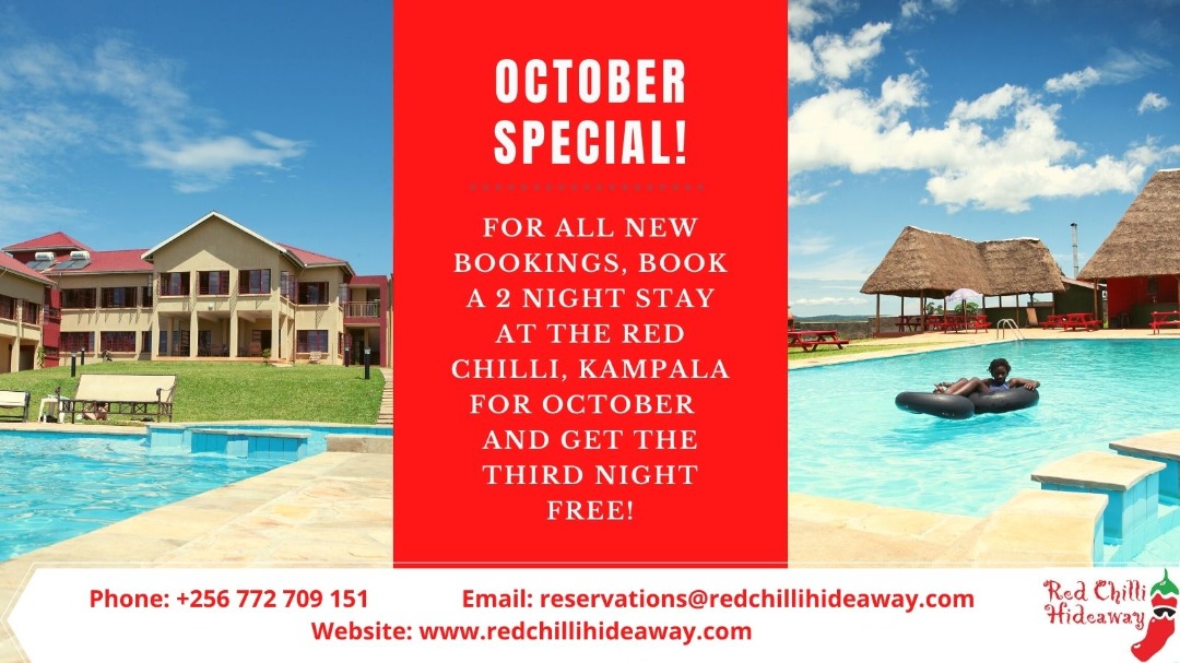 RedChilliUganda's tweet photo. For all new bookings, stay two nights at Red Chilli Kampala in October and get a third night free! Prices start from as low as US$12/ UGX 43,000 per person per night #RedChilliHideaway #kampala #uganda https://t.co/AUFUUy6urf