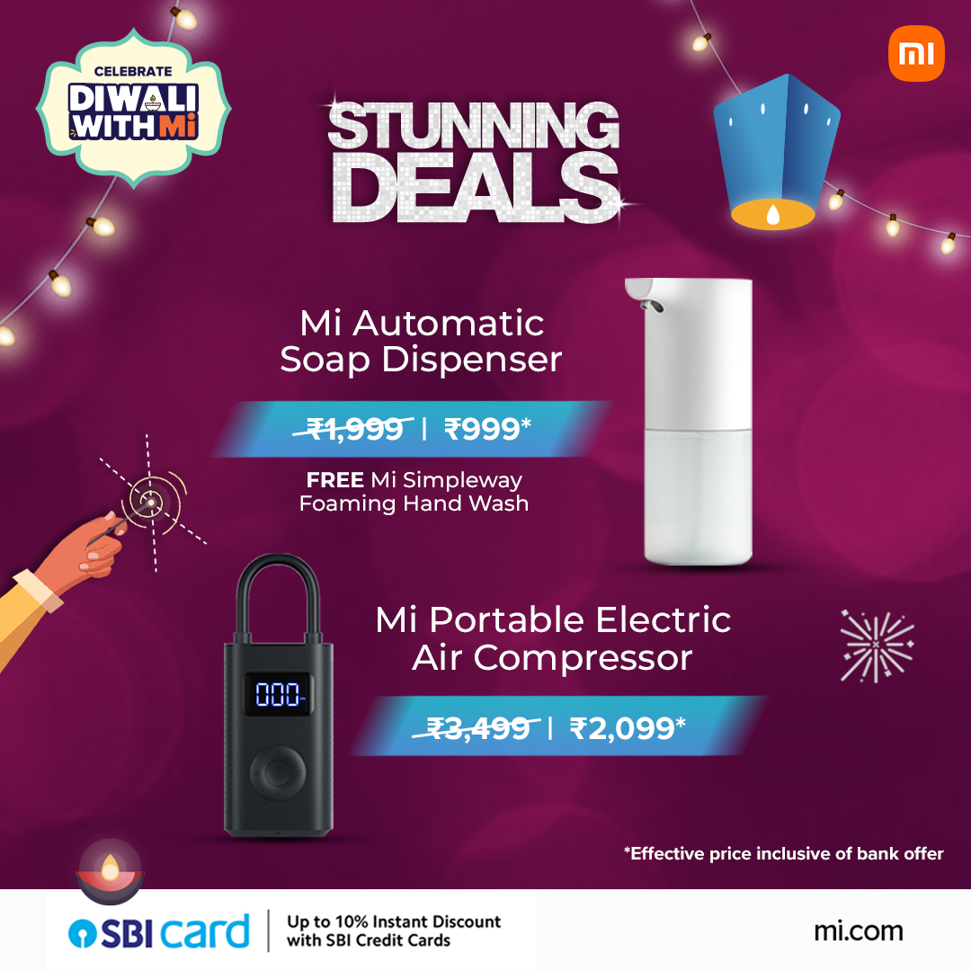 XiaomiIndia's tweet photo. It's all savings this #DiwaliWithMi 
Treat yourself to these stunning deals! 

Grab all your favorite #Xiaomi IoT products at amazing discounts!

Head here:  
https://t.co/ReD9CT60o8 https://t.co/5JzaVGU6xb