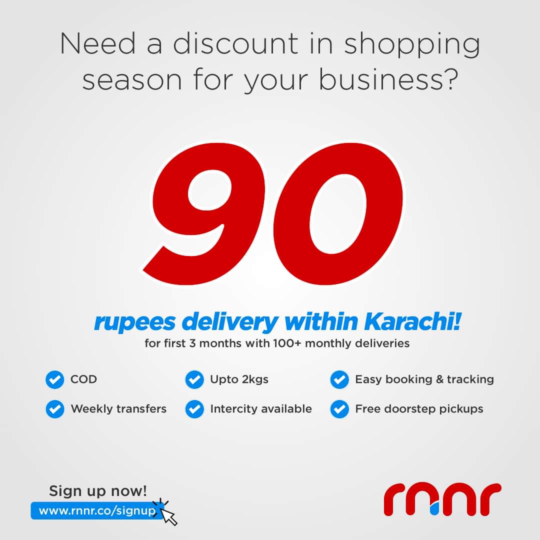 Deliver up to 2 kg for Rs. 90 only within Karachi!

Sign up now: rnnr.co/signup

#cashondelivery #happydelivery #Karachi 

First 3 months for 100+ deliveries / month, super-discounts after!