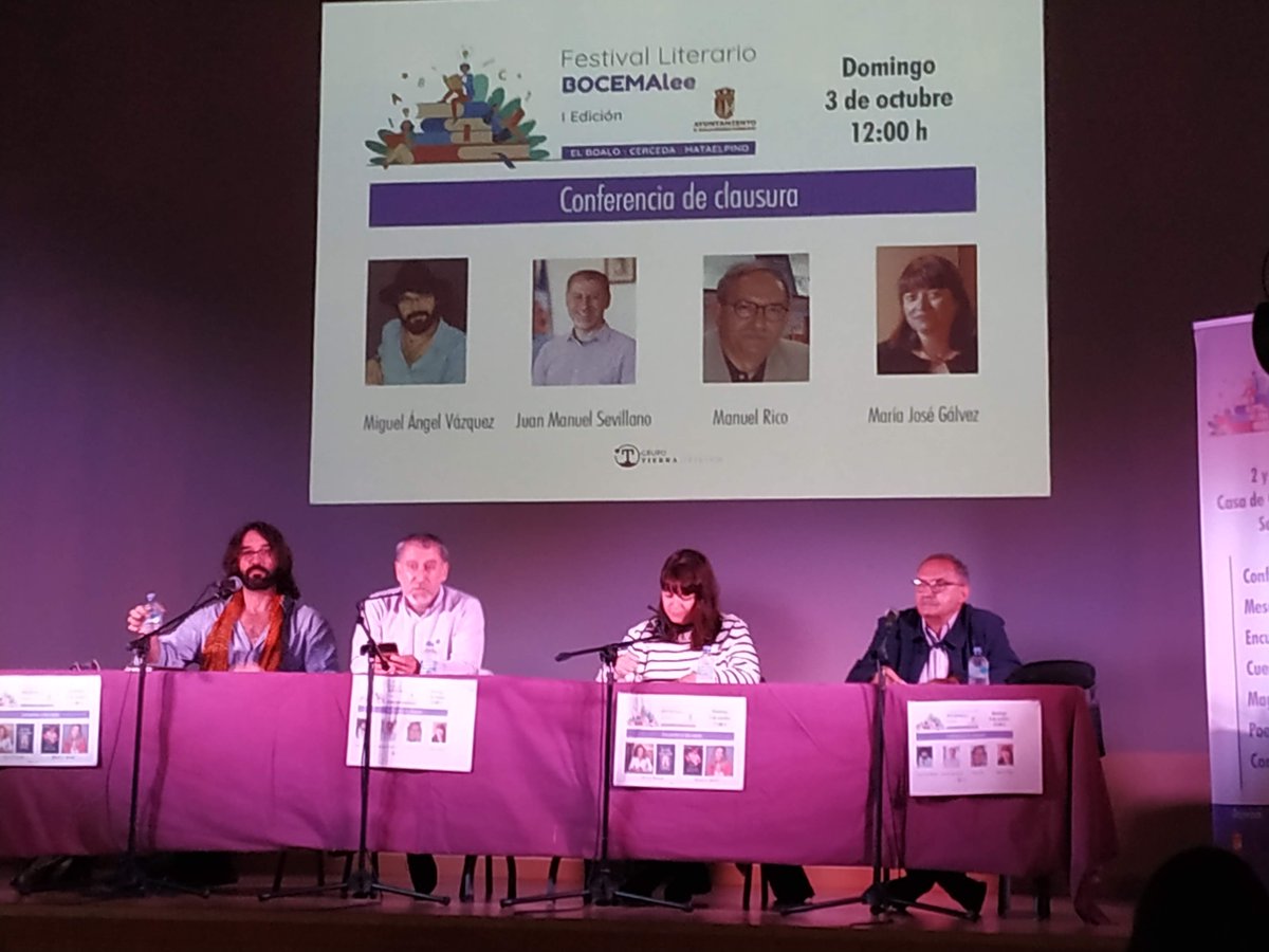 BocemaLee's tweet photo. Clausura del festival @bocemalee con María José Gálvez, @Manuelricorego , Juan Manuel Sevillano y Miguel Ángel Vázquez. @librolecturagob 
@grupotierratrivium
@JavierOliaga 
@elcultural 
@VBocema https://t.co/WSMFuhyIJC