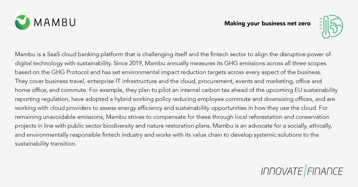 InnFin's tweet photo. @Mambu_com @Adam_E_Jackson @JanineJoyHirt @iain_w_anderson FinTech firms are taking action to stop climate change and save the planet. @mambu_com is reducing their own emissions to #NetZero. Hear from Anna Krotova, Director of Sustainability @Mambu_com at our #FinTech4Good Forum next week https://t.co/V6BER3l7RV
#NetZeroFinTech https://t.co/PW420I1d7f