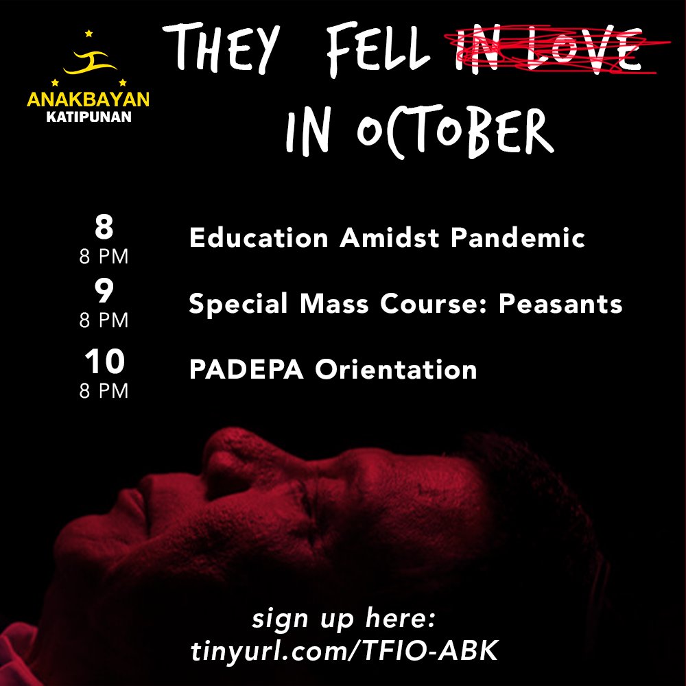 'Do bother looking down 👀
cause you're going that way ✊'

Join AB Katip's They Fell I̶n̶ ̶L̶o̶v̶e̶ in October ED Series!

let our love for our fellow Filipinos fuel us in our fight for a brighter future! ✊🦅🔻

sign-up here: tinyurl.com/TFIO-ABK

#discussPH
#OustDuterteNow