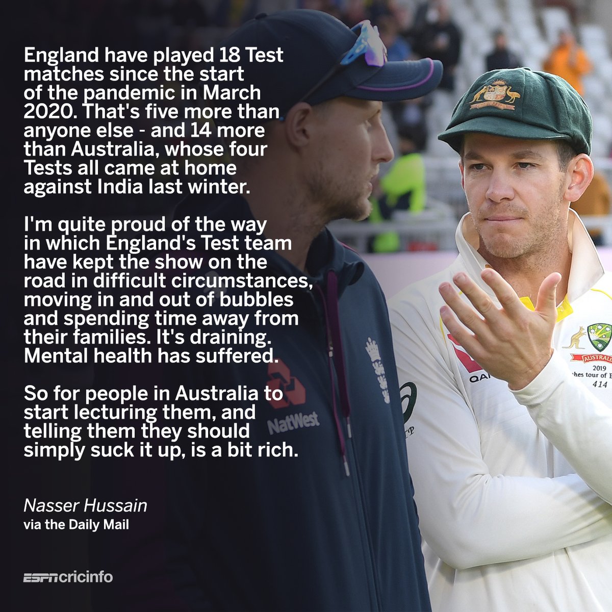 Australia haven’t played a Test away from home since the start of the pandemic.

Nasser Hussain says it’s ‘a bit rich’ for them to lecture England on their Ashes quarantine worries.