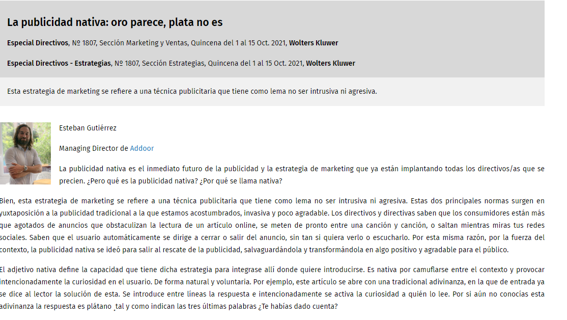 #Temas | La publicidad nativa: oro parece, plata no es
con un titular tan llamativo, #EspecialDirectivos de @WK_Legal  comparte las reflexiones que hace Esteban Gutiérrez de <a href="/addoor/">Addoor</a> sobre la #PublicidadNativa 

gracias cc <a href="/ireneruizdvg/">Irene Ruiz de Valbuena</a> 
revistas.laley.es/Content/Docume…