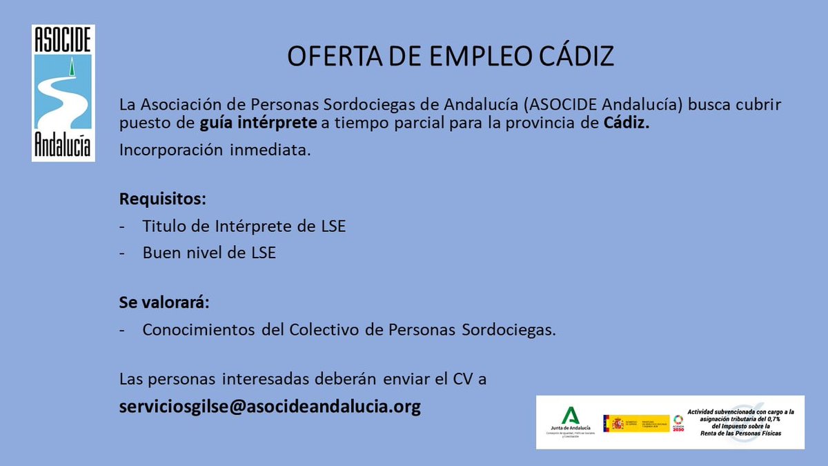 Oferta de empleo de guía-intérprete para la provincia de Cádiz. Enviar CV a: serviciosgilse@asocideandalucia.org
@FASOCIDE 
@Fundacion_ONCE 
@CERMIAndalucia 
#personassordociegas
#guiasintérpretes