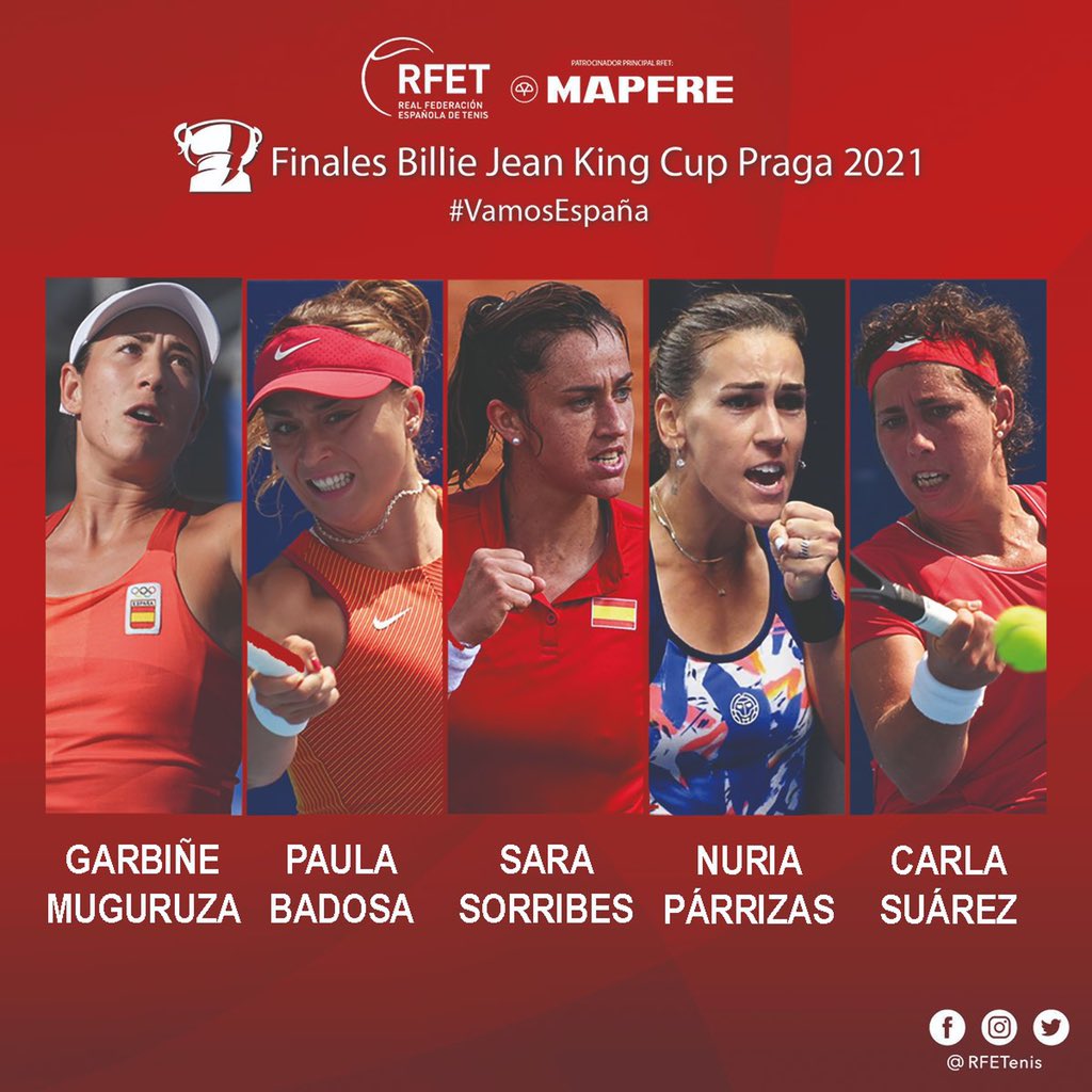 anabelmedina's tweet photo. ¡VAMOS 🇪🇸! Hoy he anunciado el  equipo que jugará las Finales de la Billie Jean King Cup en Praga. 

💪🏼 @GarbiMuguruza 
💪🏼 @paulabadosa 
💪🏼 @sara_sorribes 
💪🏼 @NuriaParrizas 
💪🏼💪🏼 @CarlaSuarezNava 

¡Vosotros también estáis convocados para apoyarnos en este reto tan bonito! https://t.co/zFa8LWPirB