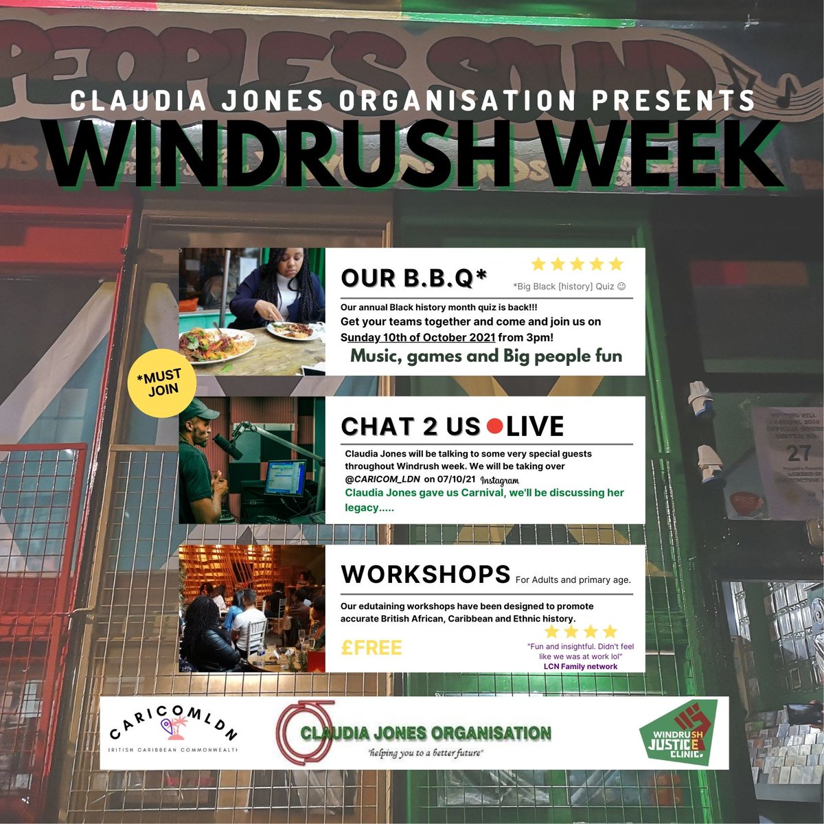 ClaudiaJonesOrg's tweet photo. It’s #BlackHistoryMonth and we’re celebrating with our first ever #WindrushWeek (4-10 Oct).

Don’t forget to sign up to our exciting events and activities.

Email windrushcoordinator@claudiajones.org

Don't miss out!

#BlackHistoryMonth2021 #ClaudiaJones https://t.co/1RxDiznLUt
