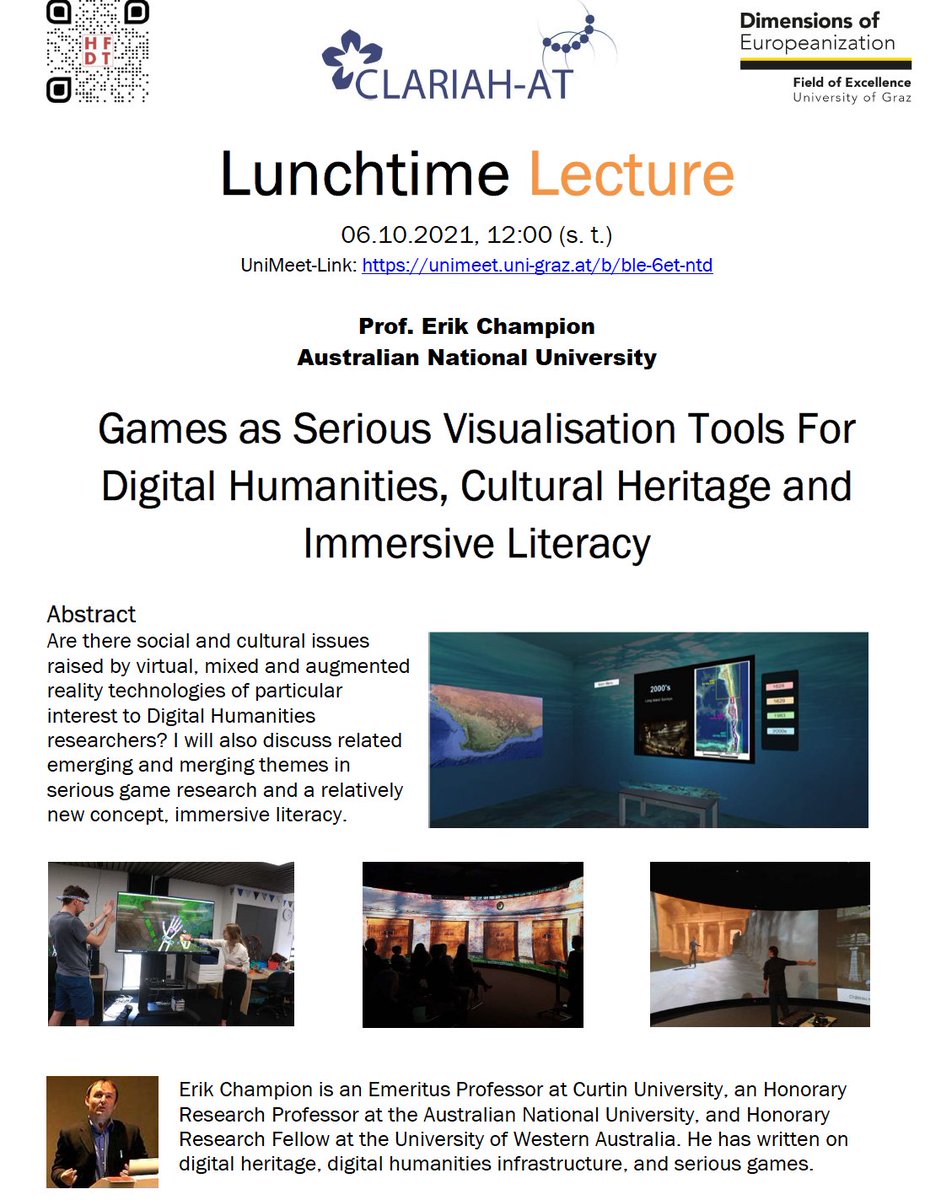 We're delighted to welcome @nzerik this Wednesday, who will open our Lunchtime Lecture series with an online talk on 'Games as Serious Visualisation Tools For Digital Humanities, Cultural Heritage and Immersive Literacy' - More info: informationsmodellierung.uni-graz.at/de/neuigkeiten…