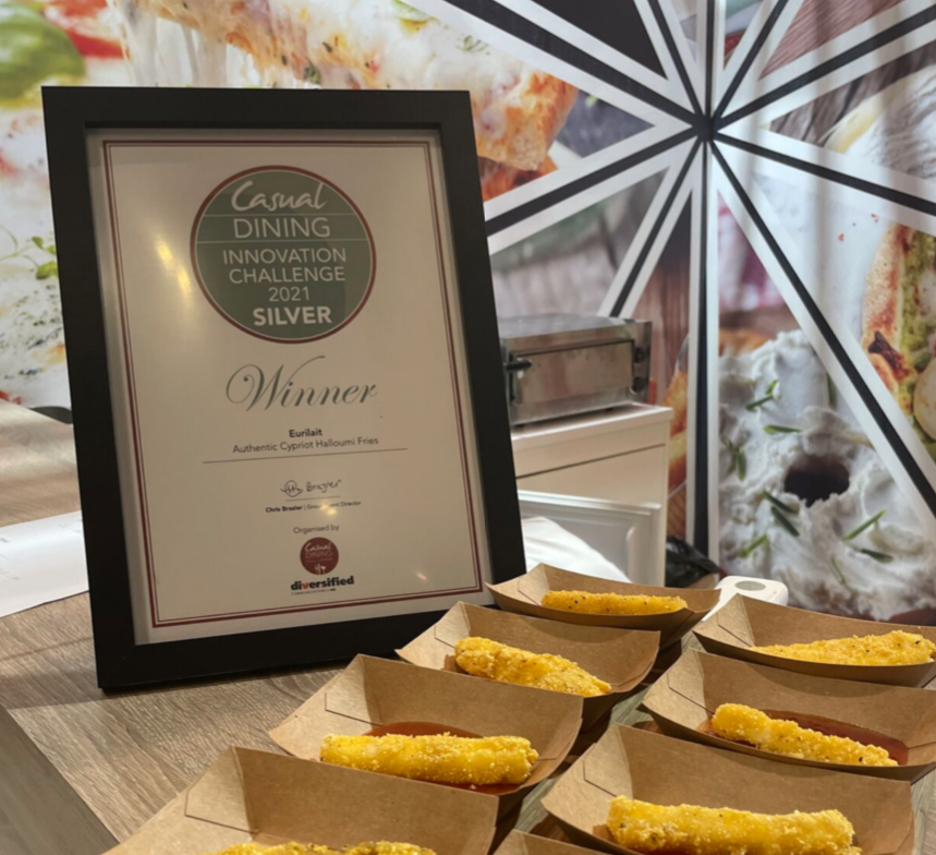 Eurilait's tweet photo. Cypriot Halloumi Fries awarded ‘Silver’ at the @CasDiningShow Innovation Challenge

The judges were particularly impressed by the Cypriot Halloumi Fries, stating, “they were very tasty, very innovative and just on the right side of melting”. https://t.co/UGuGGqeN80
