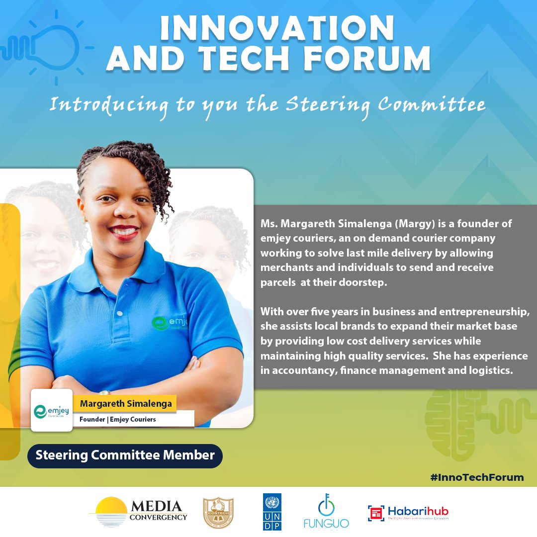 MediaConvergecy's tweet photo. Introducing the #InnoTechForum steering committee.

~ Meet Ms. Margareth Simalenga; Founder of Emjey Couriers, an on demand courier company working to solve last mile #Delivery by allowing merchants and individuals to send and receive parcels  at their doorstep.

#EmjeyCouriers https://t.co/M3eXZoqw5j