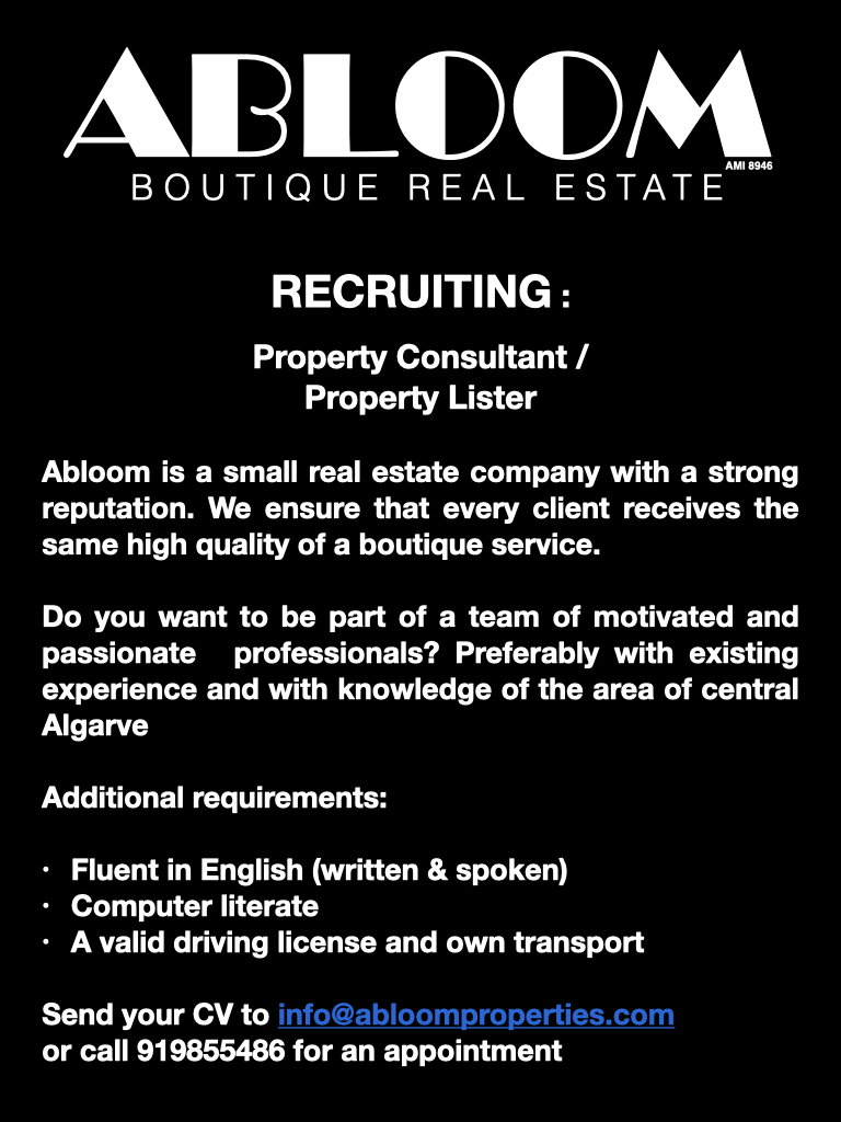 AbloomProperty's tweet photo. #RECRUITING
#PropertyConsultant #ListingConsultant #CentralAlgarve #Abloom
Additional requirements:

Fluent in English (written &amp; spoken)
Computer literate 
A valid driving license and own transport

Send your CV to info@abloomproperties.com 
or call 919855486 for an appointment https://t.co/M5gtjXMrBS