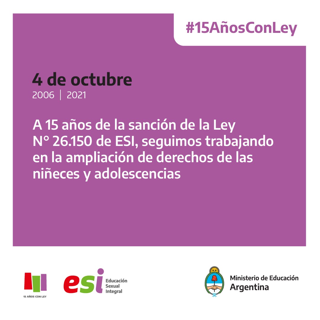 Hoy se cumplen 15 años de la sanción de la Ley N° 26.150 de Educación Sexual Integral (ESI). Esta es una gran oportunidad para reconocer a los equipos docentes y directivos que trabajan diariamente para garantizar este derecho.