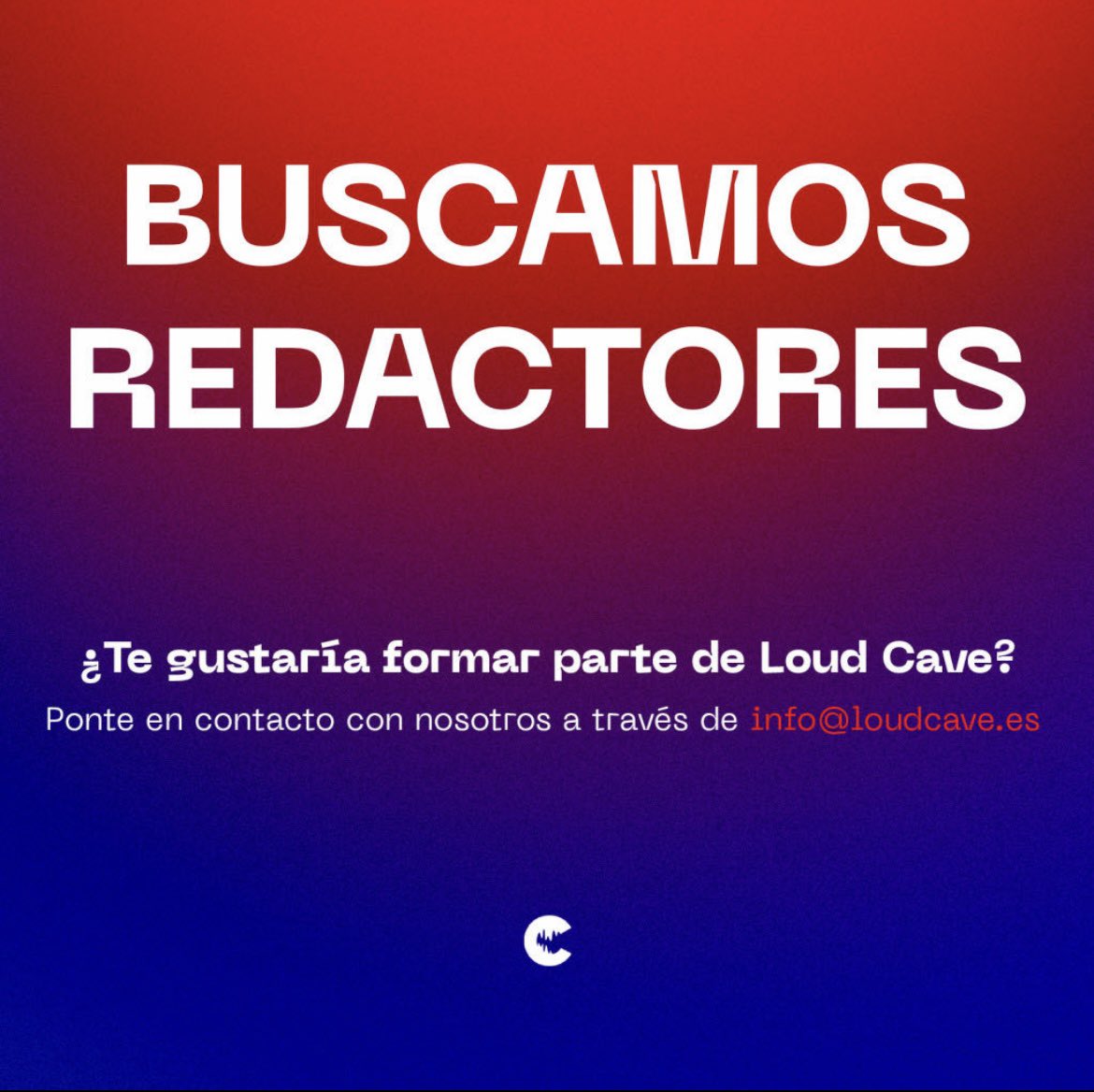 ¡Cavernícolas! Tenemos un anuncio importante que daros ‼️

Buscamos redactores que quieran unirse a este proyecto 🙌

Si te apasiona la música, ya sea electrónica, urban o pop, y te gustaría escribir de ella… ¡Te estamos esperando!

📨 info@loudcave.es