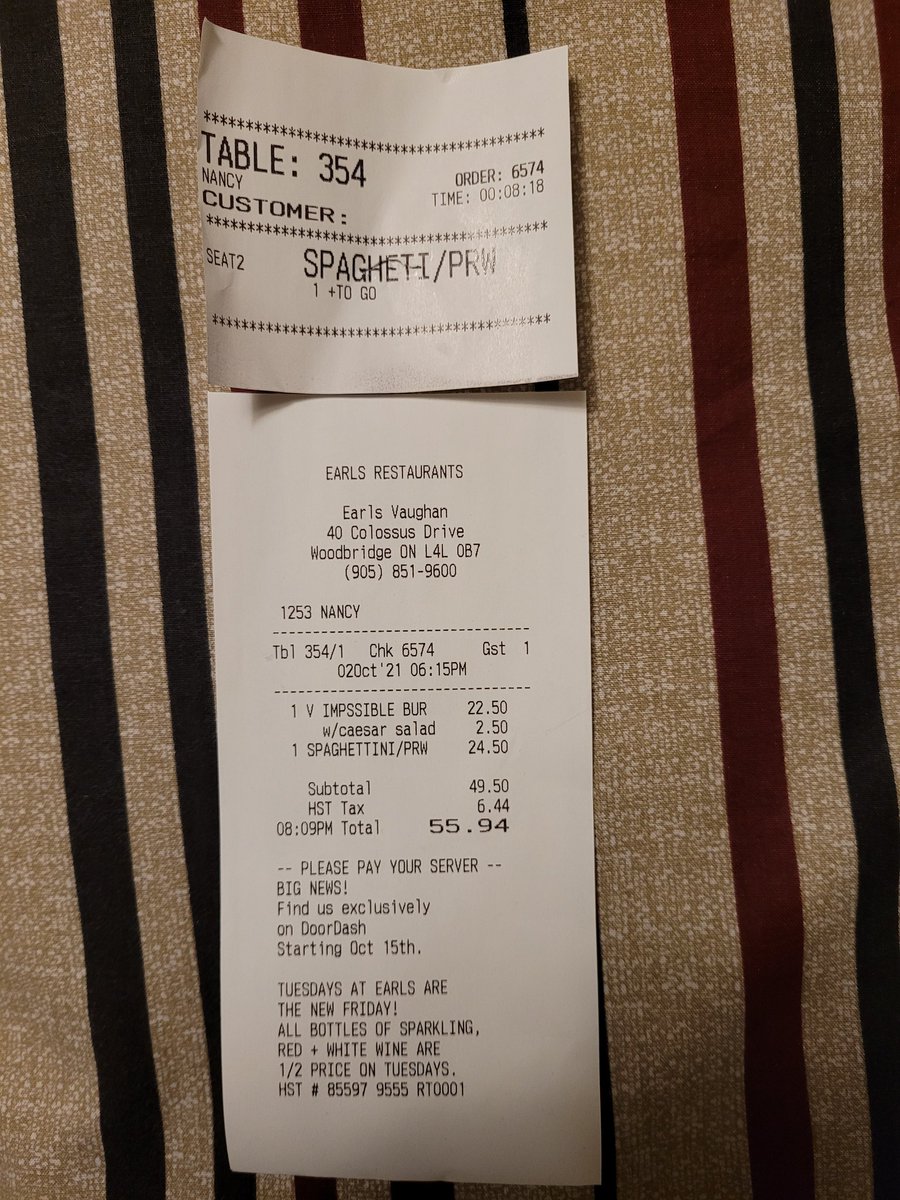 Malihaift's tweet photo. @earlsrestaurant Ordered Prawn Spaghetti for takeout at your Vaughan location. Oct2nd, Table 354, Order 6574. Instead, I came back home with a steak.Attached is the receipt + picture of the takeout steak + called the restaurant 3 times + DMed on Sat, no answer. What is the resolution? https://t.co/hHCbORnB6y