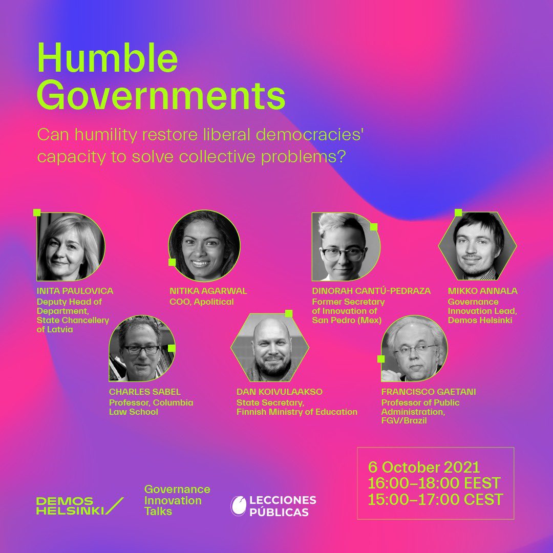 💥Este miércoles 6 de octubre estaremos con <a href="/DemosHelsinki/">Demos Helsinki</a> hablando con los siguientes invitados sobre una forma diferente de aproximarse a los problemas en gobierno: desde la humildad

👀 ¿Ya te inscribiste? shorturl.at/hDSVY