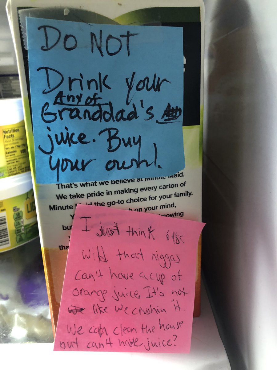 my grandmother and my brother arguing via sticky note on the minute maid