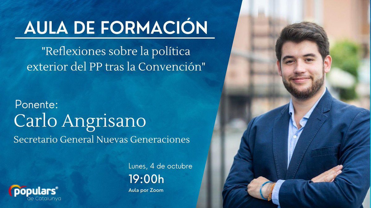 CarloAngrisano's tweet photo. 🗓 Hoy a las 19:00 estaré en el Aula de formación del @PPCatalunya para reflexionar sobre la política exterior de @populares una vez terminada la Convención Nacional.

¡Nos vemos esta tarde! 🇪🇺🇪🇸 https://t.co/8KCRWsMeKy