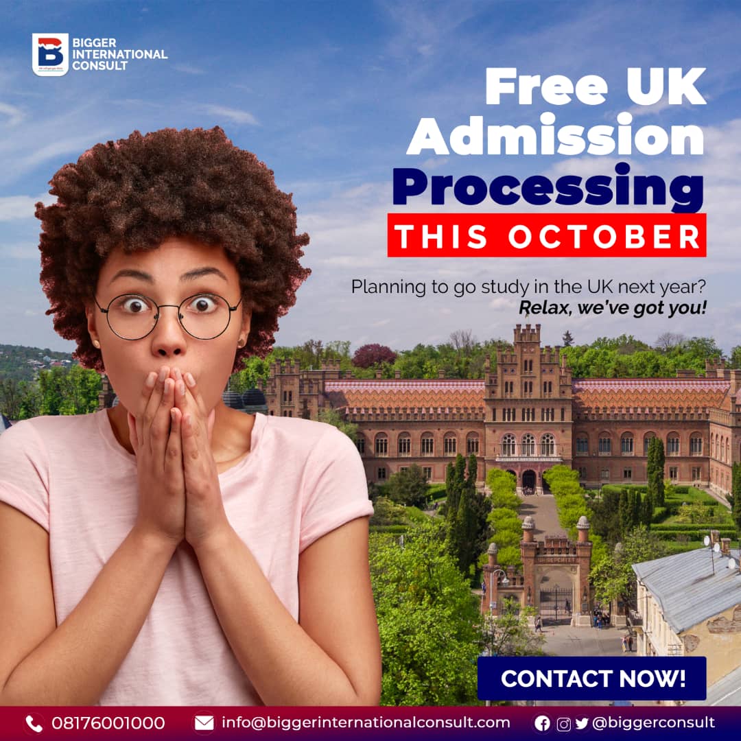 Biggerconsult2's tweet photo. Planning to go study in the UK in 2022?
We've got a great offer for you in this month!!! 👇👇👇

Throughout the month of October, we will be processing your admission to the UK for FREE!

If you snooze, you lose! https://t.co/qGj90CfG8O