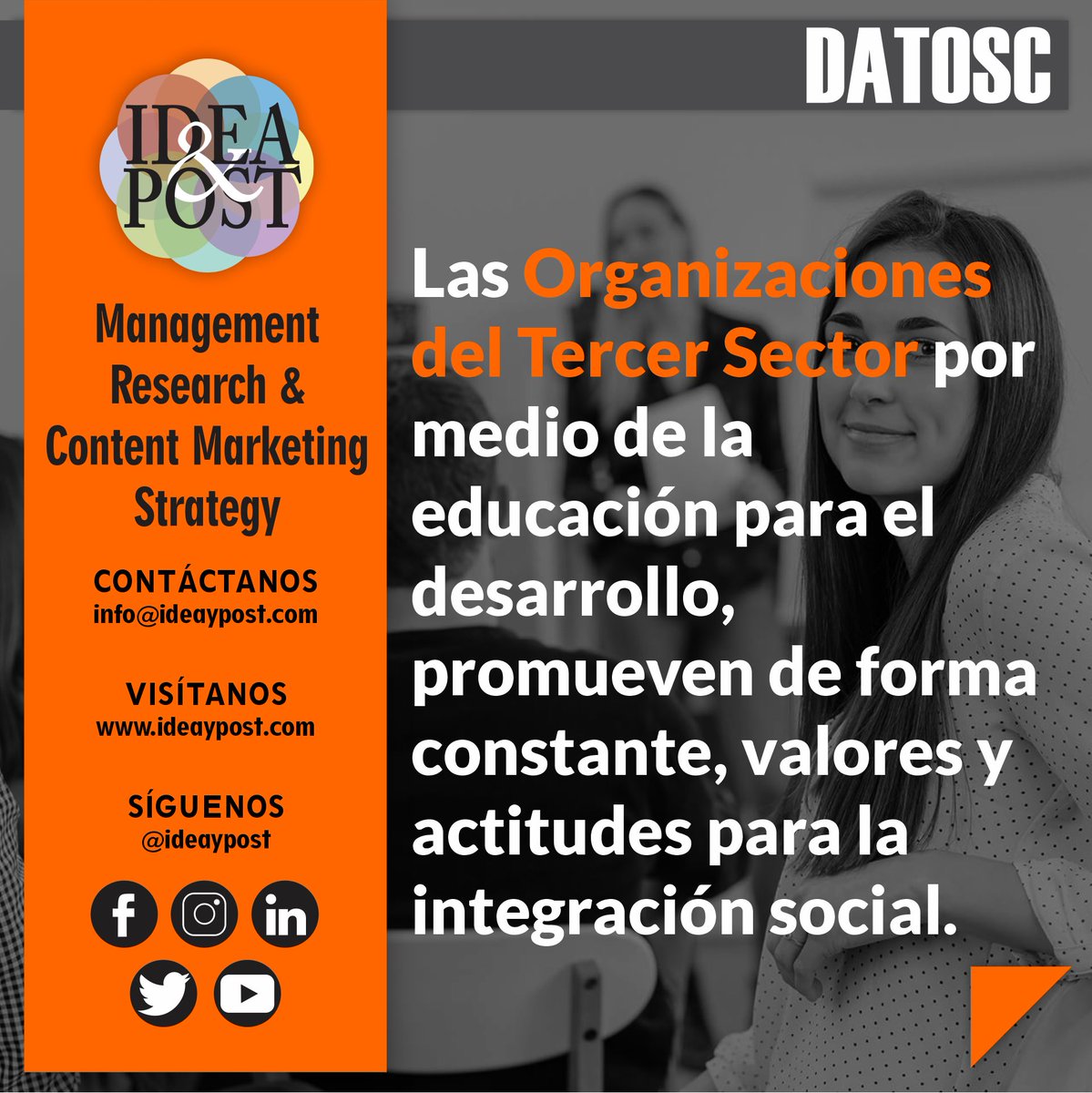 ideaypost's tweet image. Las organizaciones del tercer sector promueven espacios para el respeto y reconocimiento de los diferentes valores culturales.

Síguenos en #ideaypost o visita nuestro #blog en ideaypost.com y conoce más #datosc sobre el Tercer Sector.

#ong #osc #ods #comdesarrollo