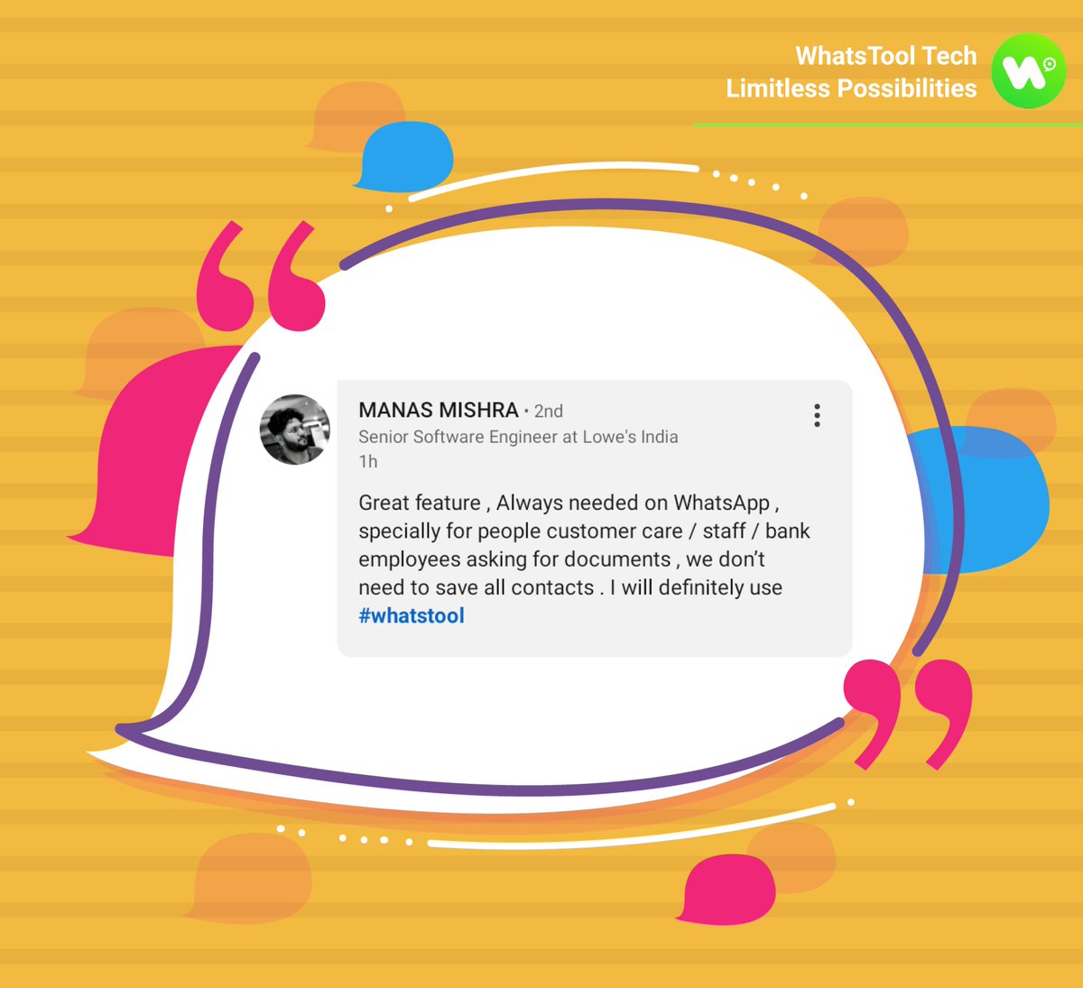 ToolsWhats's tweet photo. #lovelyfeedback by Manas Mishra.
#WhatsToolTech #WhatsTool #LimitlessPossibilities #WhatsApp #startup
@Sujeet05462752 @Mayank_UOI @ToolsWhats https://t.co/NSYaTqgcV7