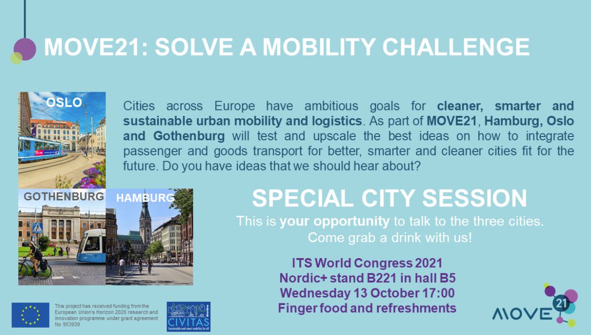 move21eu's tweet photo. Hamburg, 13 October: MOVE21 hosts a public event at the Nordic+ pavilion at @ITSHamburg2021. Come and join us! The event will be streamed online and in real time here: https://t.co/UkhitB2WRP #SustainableMobility #EuropeanCities #21centurymobility
https://t.co/7OW60fHsss https://t.co/3wcdpYlAqA
