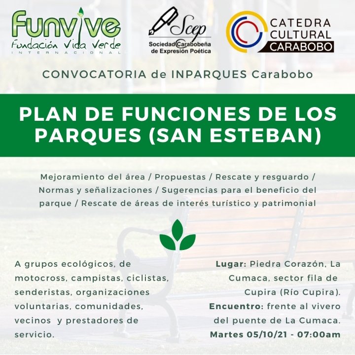 pablo1herrera's tweet photo. FUNVIVE (Fundación Vida Verde), la SCEP (Sociedad Carabobeña de Expresión Poética) y la Cátedra Cultural Carabobo, se suman a la convocatoria de INPARQUES Carabobo.

Sitio de encuentro y salida: Frente al vivero del puente de la Cumaca. 
Hora: 07:00am
Día: Martes 05/10/21.
Asiste https://t.co/04okHp91Xn