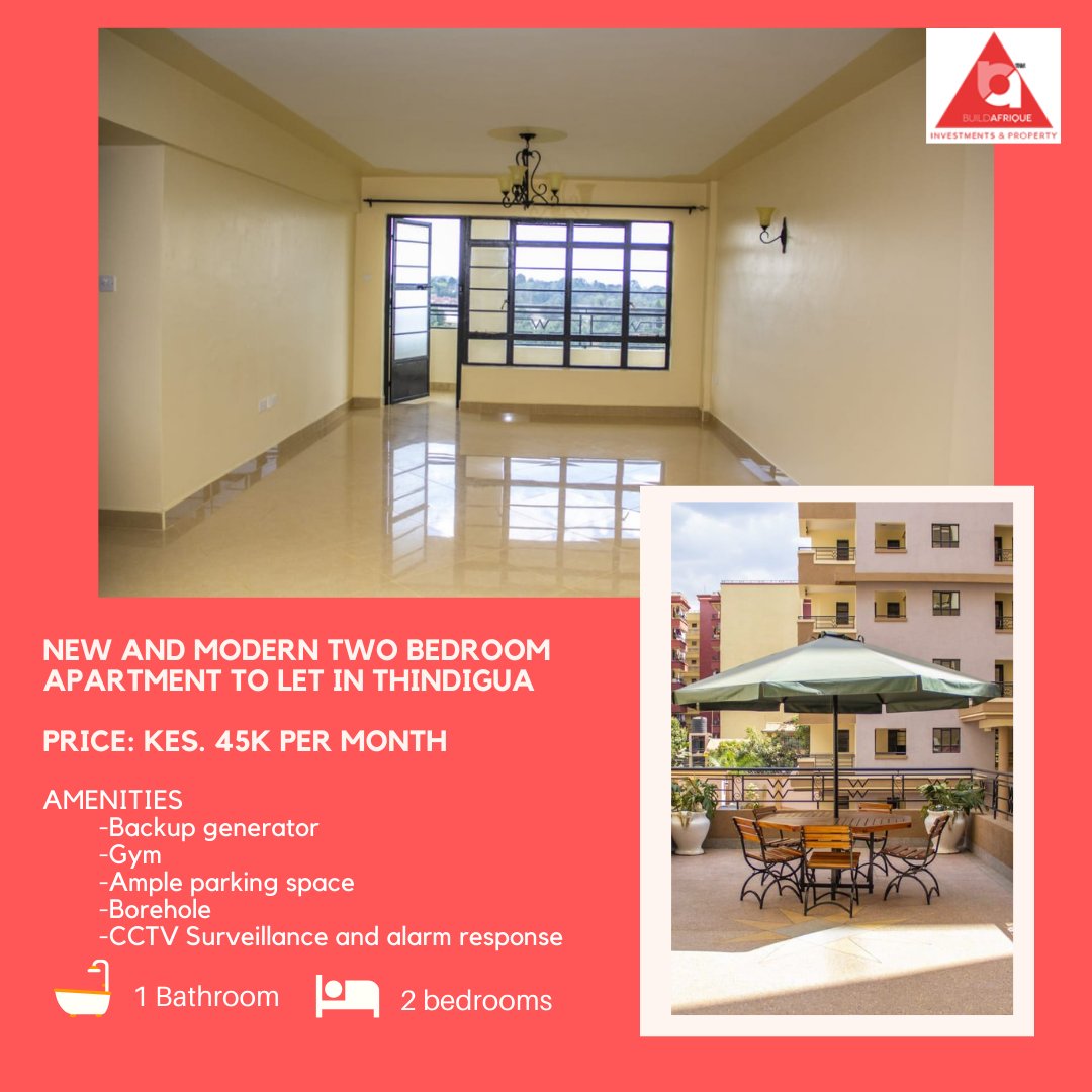State of the art, modern 2 bedroom apartments located in Thindigua area along Kiambu road. Letting at 45K per month.

Get in touch today and book a viewing!
Telephone No: 0113368002/ 0757340731
Or visit our website at: lnkd.in/daWHHDVR

#buildafriqueinvestments&amp;propertyltd