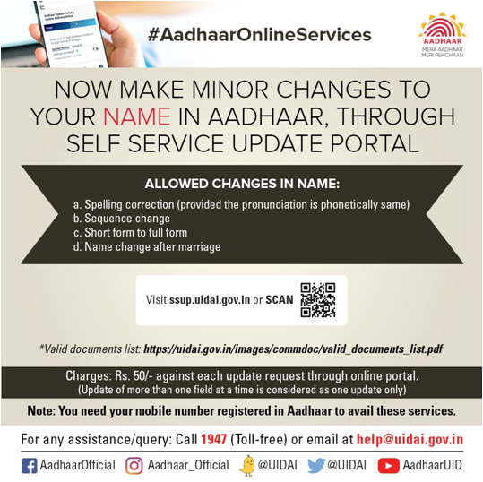 UIDAIChandigarh's tweet photo. #AadhaarOnlineServices
आप आधार सेल्फ सर्विस अपडेट पोर्टल के ज़रिये अपने आधार में अपना नाम खुद ऑनलाइन सुधार/ अपडेट कर सकते हैं। https://t.co/KmKKIbaqVs लिंक का अनुसरण करें I
सुनिश्चित करें कि आपने अपनी पहचान के मूल प्रमाण की स्कैन की हुई कॉपी अपलोड की है।
#UpdateOnline https://t.co/ycYX5EzBsg