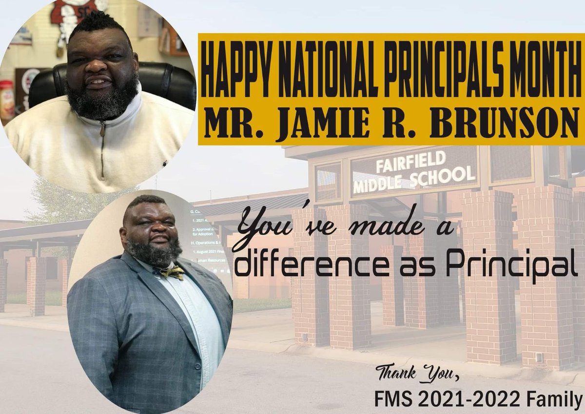 Happy Principals Month to our Proud Principal Mr. Brunson…You have made a difference in the lives of our students and staff.. Thank you!!!  #AchievingExcellenceTogether #TheHardReset2122 <a href="/iAmJBrunson1911/">Jamie R. Brunson</a> <a href="/FairfieldMiddle/">Fairfield Middle School</a> <a href="/TeamFairfieldSC/">FCSD</a> <a href="/Fairfield_Post/">The Fairfield Post</a>