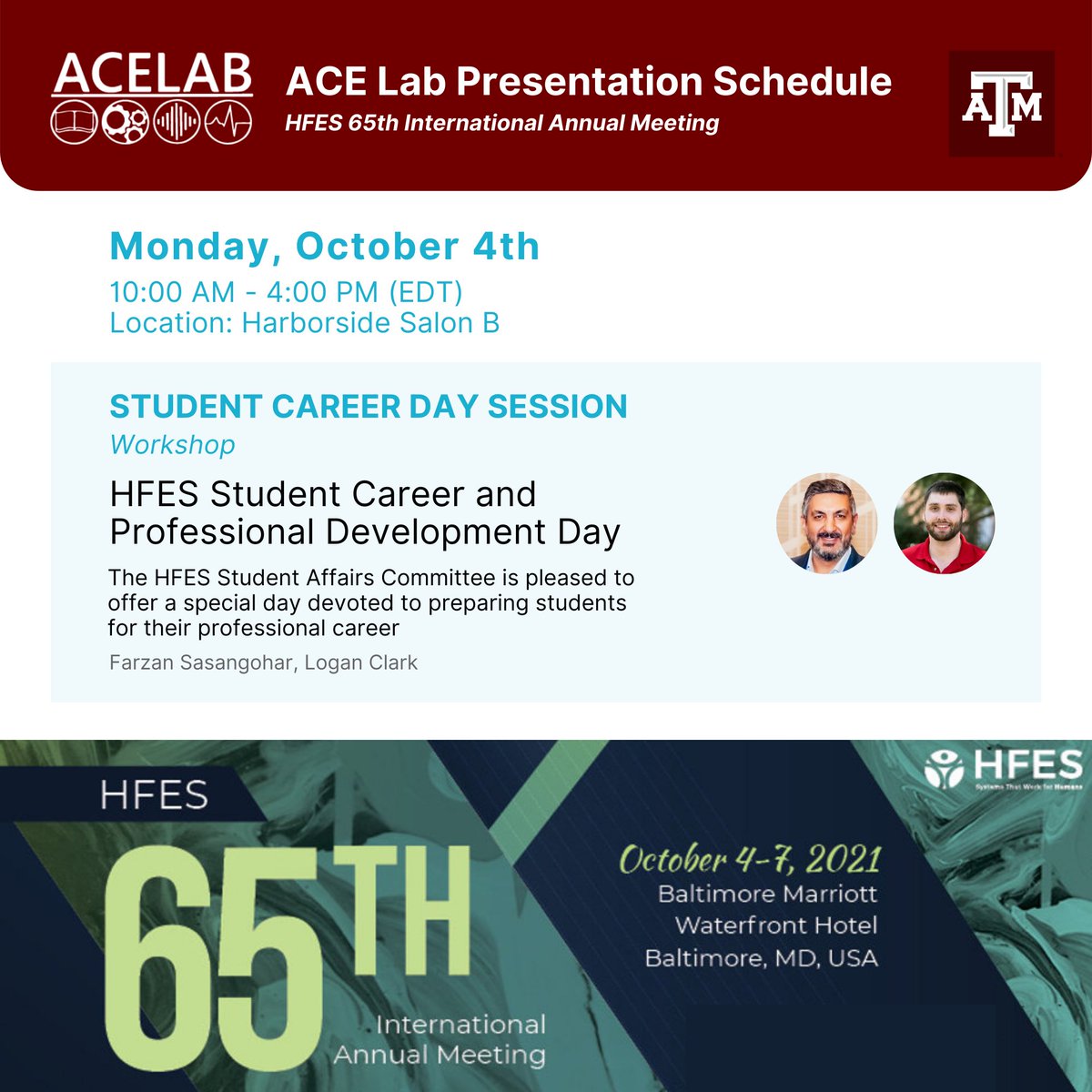 ACELAB_TAMU's tweet photo. Dr. Farzan Sasangohar, director of #ACELabTAMU , will be hosting a workshop at the #HFES2021 Student Forum today from 10:00 AM - 4:00 PM (EDT) in Harborside Salon B. Come out to learn more about preparing for your professional career in Human Factors! #studentforum #careerday https://t.co/GQ2zydYkKP