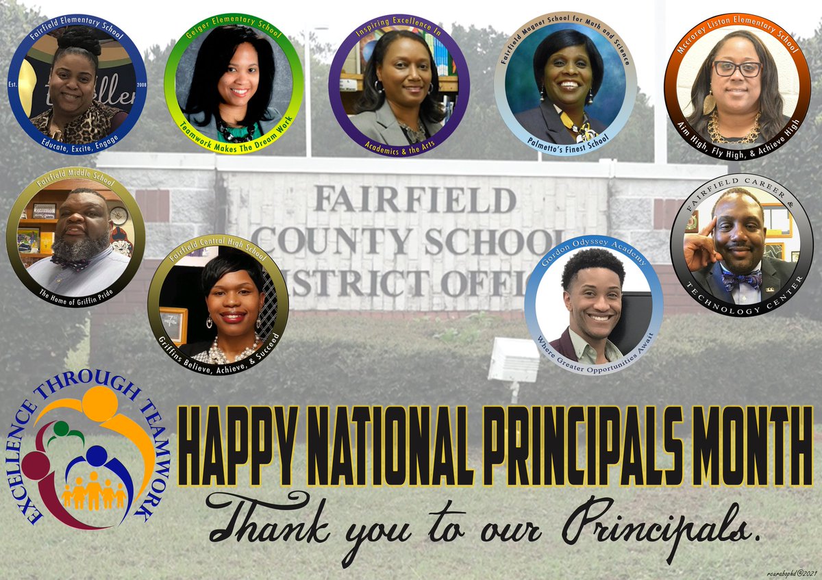 Happy Principals Month to FCSD hardworking Principals. Thank you. <a href="/TeamFairfieldSC/">FCSD</a> <a href="/GaleWhitfield7/">Dr. Gale Whitfield</a> <a href="/PrincipalTSwil/">Dr. Tracie Anderson Swilley</a> <a href="/iAmJBrunson1911/">Jamie R. Brunson</a> <a href="/BramlettMJC/">M.Combs-Bramlett</a> <a href="/McCroreyListon/">McCrorey-Liston School of Technology</a> <a href="/FESstingrays/">Fairfield Elementary</a> @bdixonFCSD <a href="/fctcgriffins/">Dr. G. Cleve Pilot</a> <a href="/KMES_Tigers/">Kelly Miller Elem.</a> @GES_Tiger <a href="/FCHSGriffins/">Fairfield Central</a> <a href="/FMSMSWildcats/">Fairfield Magnet Sch</a> <a href="/FairfieldMiddle/">Fairfield Middle School</a>