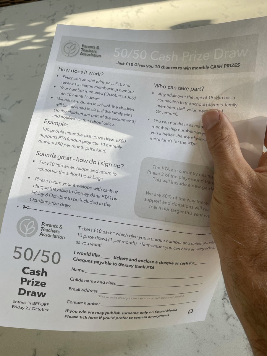 There's still time to get involved in the <a href="/GorseyBank/">Gorsey Bank Primary</a> PTA 50 / 50 Cash Prize Draw! Please return your form to school by this Friday at the latest. As some people have been known to say... you've got to be in it, to win it! 😄
