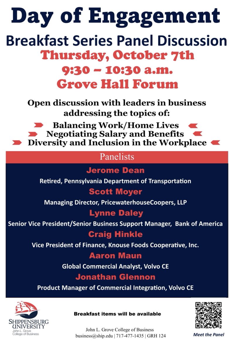 Day of Engagement Breakfast Series Panel Discussion Topic: Open discussion with leaders in business addressing the topics of Balancing Work/Home Lives, Negotiating Salary and Benefits, and Diversity and Inclusion in the Workplace. Come join us in Grove Forum Thursday @ 9:30 😃