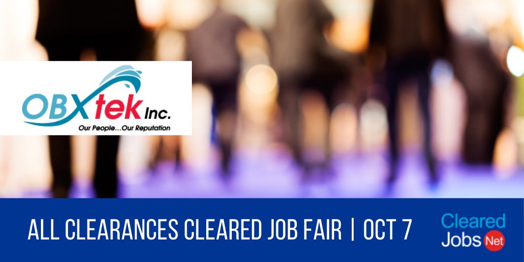 ClearedJobsNet's tweet photo. Connect with @OBXtek at the October 7 All Clearances #ClearedJobFair https://t.co/lnPCJF0OhW #EngineerJourneyman #IAEngineer https://t.co/1iOFI0GOM3