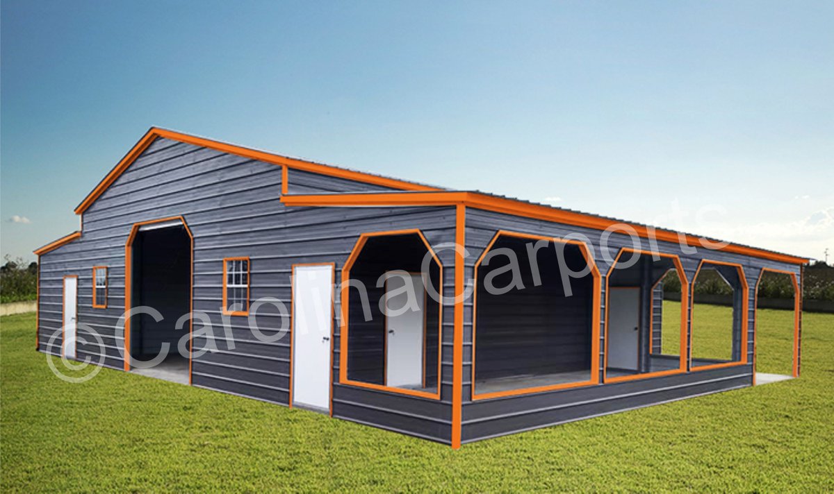 We are crazy over this custom barn with Harley Orange trim 😍 Call 800-6740-4262 today! #cci #carolinacarports #qualityisourfirstpriority #barn #barns #barnlife #metalbarn #metalbarns #steelbarns #steelbarn #custombarn #custombarns #custombuildings #custombuilding #metal #steel