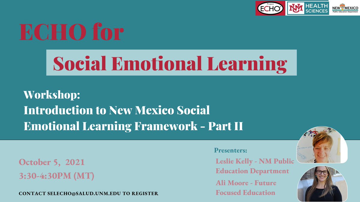 #SELLeaders join our collaborative discussion at <a href="/NmechoE/">New Mexico ECHO for Education Project</a> Social Emotional Learning on October 5th, 3:30-4:30PM as Leslie Kelly with <a href="/NMPED/">New Mexico Public Education Department</a> and Ali Moore with <a href="/FutureFocusEdu/">Future Focused Education</a> dive into the NM SEL Framework.

Register at bit.ly/3BaW9Xk