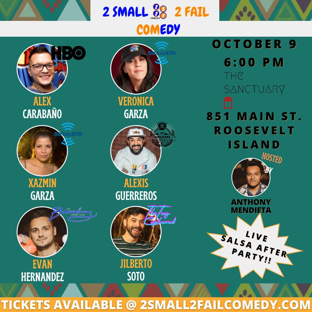 Sat., 10/9 @ 6 PM - join us for a celebration of Latino(a) talent w/ a sick after party w/ live salsa <a href="/thesanctuaryri/">The Sanctuary</a> !

Free tix @ 2small2failcomedy.com 

<a href="/AlexCarabano/">AlexCarabano</a> <a href="/veros_broke/">Veronica Garza</a> @StartsWithanX <a href="/NotAlexis/">Alexis Guerreros</a>