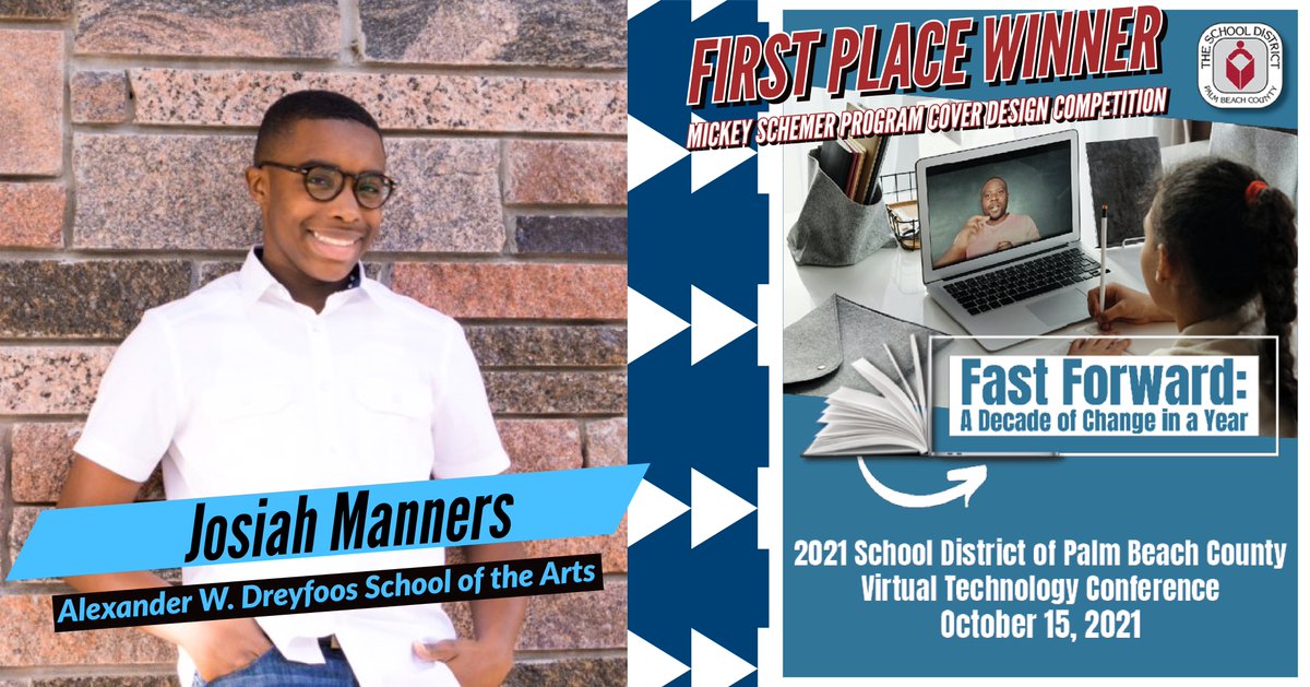 EdTechPBC's tweet photo. Congratulations to Josiah Manners of @DreyfoosArtsSch, winner of the 2021 Mickey Schemer Student Cover Design Competition! Josiah received a $500 award &amp; a 1 year subscription to @Adobe Creative Cloud.

Register https://t.co/UmiUOTtW7u

#PBCTechConf https://t.co/zQTDUA08vX