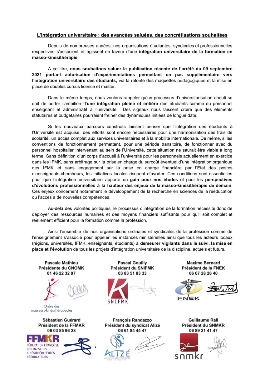 klougly's tweet photo. Le @cnomk, les organisations syndicales et 
@La_FNEK s'unissent pour défendre une intégration de la masso-kinésithérapie au sein des universités avec un déploiement de ressources humaines et de moyens financiers suffisants pour permettre une formation réellement efficiente. https://t.co/1ImCwkoIlH