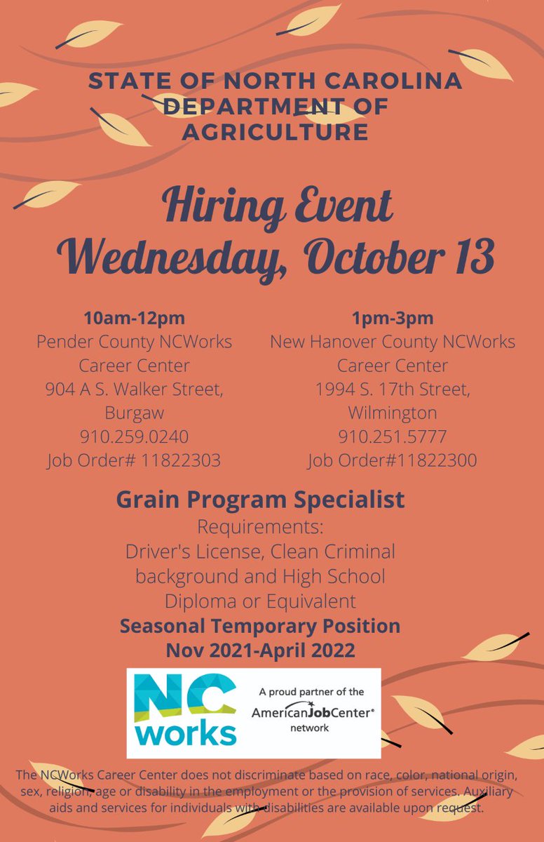 This is a great opportunity to fall into your lap...
It's seasonal however, it will be rewarding while the job is hot in the pot. 
Work from November 2021 to April 2022!

#NCWorks
#NewHanoverCo
#PenderCo
#StateofNCDeptofAgriculture 
#GrainProgramSpecialist