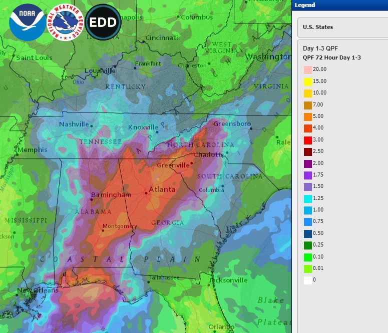 NWS's tweet photo. Widespread heavy rains across the southeast are expected through midweek with amounts of 3-5 inches likely across parts of FL, GA and AL.  Flash flooding is likely to occur at times so remember:
#TurnAroundDontDrown https://t.co/8T7IJZMpU1