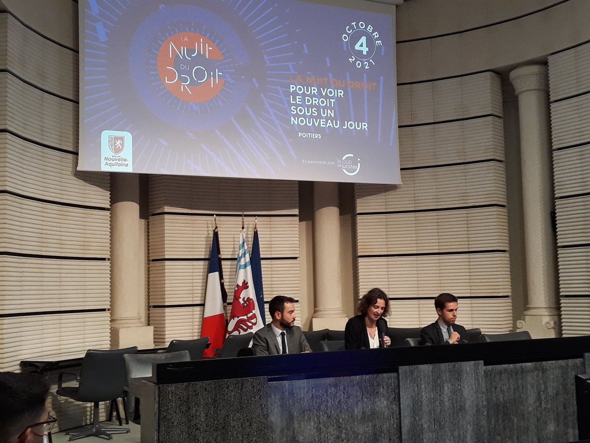 Nuit du droit à Poitiers dans les locaux de la Maison de Région avec les interventions de trois représentants de la Faculté de droit : Raphaèle-Jeanne Aubin-Brouté, Simon Jolivet et Jean Victor Maublanc.