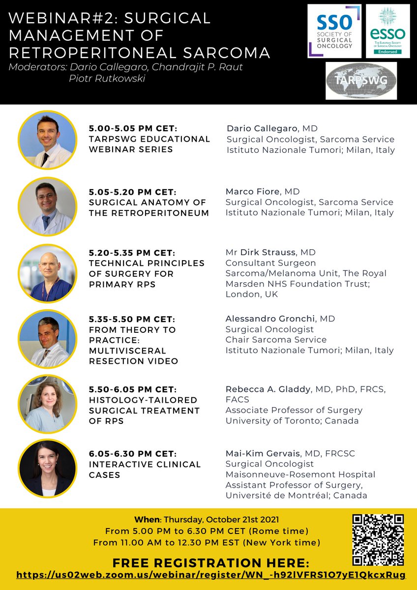 #TARPSWG Educational webinar #2 about surgical management of #retroperitoneal #sarcoma is out❗️ Join us on Oct 21st ❗️ Free registration here: us02web.zoom.us/webinar/regist… 
<a href="/SocSurgOnc/">Society of Surgical Oncology</a> <a href="/ESSOnews/">European Society of Surgical Oncology (ESSO)</a> <a href="/ctosociety/">CTOS</a> <a href="/DCalleMD/">Dario Callegaro</a> <a href="/FioreDoc/">Marco Fiore, MD, FACS, FEBSh</a> <a href="/Dirk_Strauss/">Dirk Strauss</a> <a href="/alegronchi/">Alessandro Gronchi</a> <a href="/GladdyLab/">Gladdy Lab</a>