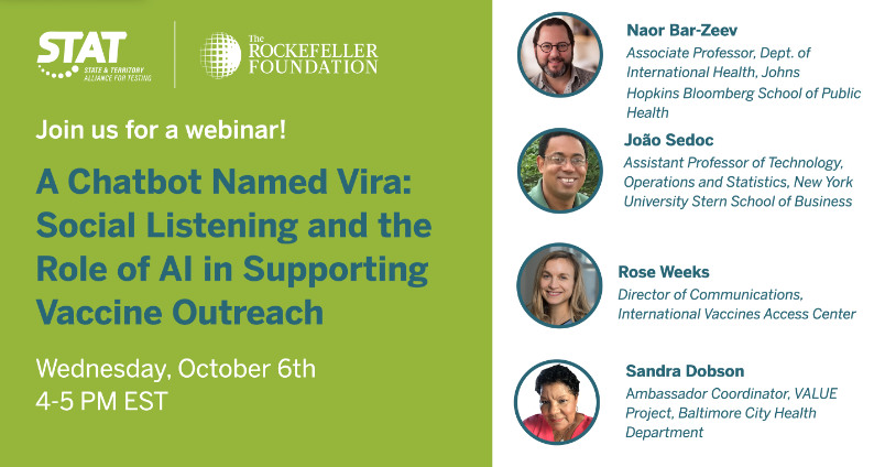 IVACtweets's tweet photo. Join the @RockefellerFdn's STAT Communications webinar featuring speakers from @JohnsHopkinsSPH, @NYUStern and @BmoreHealthyFS.
Learn about the new Vax chatbot named Vira and how AI and social listening can help with vaccine outreach.
👉https://t.co/iXOsiAkpka https://t.co/WSrMaIZtL4